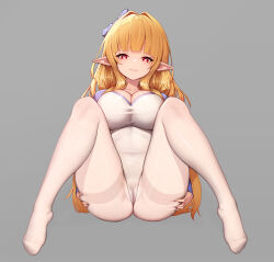 Rule 34 | 1girl, \||/, ass support, blonde hair, blunt bangs, bow, breasts, cameltoe, cleavage, cleft of venus, closed mouth, collarbone, commentary request, commission, covered navel, doha skylightscent, dot nose, elf, feet, full body, grey background, hair bow, hair ornament, heart, heart-shaped pupils, highleg, highleg leotard, highres, large breasts, legs, leotard, long bangs, long hair, long pointy ears, long sleeves, looking at viewer, m legs, no shoes, original, pantyhose, pointy ears, red eyes, simple background, smile, solo, spread legs, symbol-shaped pupils, taut leotard, toes, very long hair, white leotard, white pantyhose