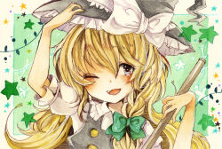 Rule 34 | 1girl, arm up, black vest, blonde hair, blush, border, bow, bowtie, braid, broom, collared shirt, frilled headwear, frilled ribbon, frilled shirt collar, frilled sleeves, frills, green background, green bow, green bowtie, hair between eyes, hand on headwear, happy, hat, hat bow, hat ribbon, highres, holding, holding broom, kirisame marisa, long hair, looking at viewer, one eye closed, open mouth, painting (medium), puffy short sleeves, puffy sleeves, ribbon, shirt, short sleeves, simple background, single braid, solo, star (symbol), teeth, totoki mea, touhou, traditional media, upper body, upper teeth only, vest, watercolor (medium), white border, white bow, white ribbon, witch hat, yellow eyes
