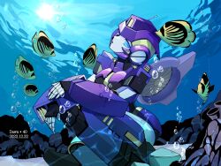 Rule 34 | 1girl, air bubble, artist name, azuredawn40, blue eyes, bubble, dated, fish, head tilt, highres, looking up, mecha, nautica (transformers), parted lips, robot, science fiction, sitting, solo, the transformers (idw), transformers, underwater