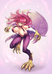 Rule 34 | 1girl, animal feet, animal hands, bare shoulders, bouncing breasts, breasts, claws, cleavage, colored skin, duel monster, feathered wings, full body, gradient skin, green eyes, harpie lady, harpie lady 1, harpy, highres, large breasts, monster girl, pantyhose, parted lips, purple skin, red hair, revealing clothes, shouma (bravespiritya), slingshot swimsuit, solo, standing, standing on one leg, swimsuit, unaligned breasts, winged arms, wings, yu-gi-oh!