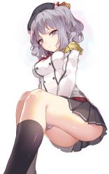 Rule 34 | 10s, 1girl, black socks, blue eyes, from below, hat, highres, kantai collection, kashima (kancolle), kneehighs, miniskirt, reeh (yukuri130), silver hair, sitting, skirt, socks, solo, thighs, twintails, two side up, uniform, wavy hair