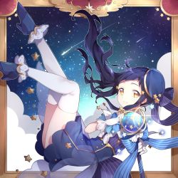 Rule 34 | 1girl, album cover, black hair, blue bow, blue footwear, blue hat, blue skirt, blush, bow, brown eyes, commentary request, cover, forehead, gloves, hand up, hat, high heels, highres, holding, holding staff, legs up, long hair, looking at viewer, magical girl, night, night sky, orb, original, parted lips, purple shirt, risui (suzu rks), see-through, shirt, shoes, side ponytail, skirt, sky, smile, solo, staff, star (sky), star (symbol), starry sky, striped clothes, striped shirt, thighhighs, vertical-striped clothes, vertical-striped shirt, very long hair, white gloves, white thighhighs