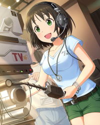 Rule 34 | 1girl, artist request, belt, black hair, blouse, blush, bracelet, breasts, collarbone, green eyes, harada miyo, headset, idolmaster, idolmaster cinderella girls, indoors, jewelry, legs together, medium breasts, necklace, official art, open mouth, pendant, shirt, short hair, short sleeves, shorts, smile, solo focus, standing, white shirt