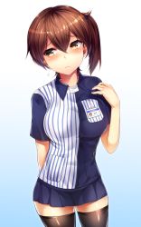 Rule 34 | 10s, 1girl, blush, breasts, brown eyes, brown hair, employee uniform, eyebrows, gradient background, hand on own chest, highres, id card, kaga (kancolle), kantai collection, lawson, long hair, looking away, matching hair/eyes, name tag, side ponytail, silly (marinkomoe), solo, thighhighs, uniform, zettai ryouiki