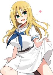 Rule 34 | 1girl, aqua eyes, blonde hair, breasts, dress, female focus, highres, large breasts, lifted by self, looking at viewer, oohoshi awai, sailor collar, sailor dress, saki (manga), shisoneri, simple background, sitting, skirt hold, solo, star (symbol), white background, white dress