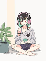 Rule 34 | 1girl, nanashi inc., black hair, black shorts, blue hair, blush, closed mouth, commentary request, demon girl, demon horns, fang, flat chest, full body, grey sweater, grey tank top, headphones, highres, horns, indian style, looking at viewer, medium hair, multicolored hair, off shoulder, plant, pointy ears, potted plant, red eyes, shishio chris, shorts, sitting, skin fang, smile, solo, strap slip, sugar lyric, sweater, tank top, tomatojam, two-tone hair, virtual youtuber