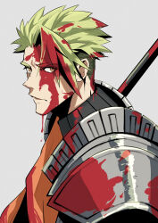 Rule 34 | 1boy, achilles (fate), armor, blood, blood in hair, blood on clothes, blood on face, bloody weapon, brown eyes, dripping, fate (series), grey background, grey hair, haruakira, highres, looking at viewer, male focus, orange sash, parted lips, polearm, short hair, shoulder armor, simple background, solo, undercut, upper body, weapon