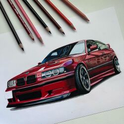 Rule 34 | art tools in frame, bmw, bmw 3 series, bmw e36, bmw m3, car, colored pencil (medium), commentary, english commentary, highres, modifiedartworks, motor vehicle, no humans, original, photo (medium), spoiler (automobile), sports car, traditional media, vehicle focus, white background
