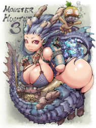 Rule 34 | 1girl, ass, bikini, blue hair, breast rest, breasts, breasts on head, capcom, cha-cha, claws, cleavage, felyne, gem, horns, huge breasts, ibukichi, jewelry, lagiacrus, large breasts, long hair, monster, monster girl, monster hunter (series), monster hunter 3, necklace, open mouth, personification, plump, red eyes, shakalaka, smile, swimming, swimsuit, underwater