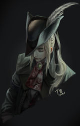 Rule 34 | 1girl, absurdres, ascot, blonde hair, blood, bloodborne, blue eyes, gloves, hat, hat feather, highres, lady maria of the astral clocktower, long hair, looking at viewer, ponytail, simple background, solo, the old hunters, tricorne, ttt (5274293), white hair