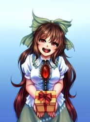 Rule 34 | 1girl, :d, bow, box, brown hair, gift, gift box, hair bow, head tilt, highres, incoming gift, long hair, looking at viewer, monorus, open mouth, pov, red eyes, reiuji utsuho, smile, solo, third eye, touhou, very long hair