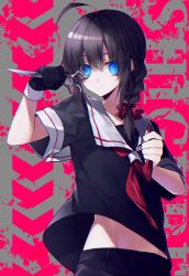 Rule 34 | 1girl, ahoge, arm up, black gloves, black hair, black serafuku, black shirt, blue eyes, bow, braid, character name, closed mouth, commentary request, eyes visible through hair, gloves, hair bow, highres, holding, holding scissors, kantai collection, long hair, looking at viewer, midriff peek, neckerchief, no pupils, red bow, red hair, sailor collar, school uniform, scissors, serafuku, shigure (kancolle), shigure kai ni (kancolle), shirt, short sleeves, single braid, smile, solo, text background, two-tone background, upper body, white sailor collar, xiao (pixiv4032523)