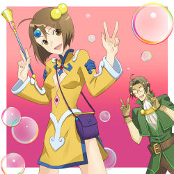 Rule 34 | 1girl, ahoge, bag, belt, breasts, brown eyes, brown hair, bubble, cleavage cutout, clothing cutout, dress, glasses, gloves, hair ornament, jacket, moguraana, norma beatty, open mouth, pants, pink background, short hair, sparkle, tales of (series), tales of legendia, v