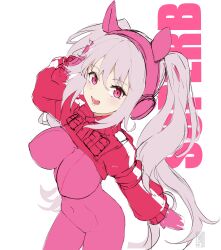 Rule 34 | 1girl, :d, absurdres, alice (nikke), animal ear headphones, animal ears, arescr, bodysuit, breasts, covered navel, cropped jacket, fake animal ears, gloves, goddess of victory: nikke, grey hair, hair between eyes, headphones, headset, highres, impossible bodysuit, impossible clothes, jacket, large breasts, latex, latex bodysuit, light blush, long hair, looking at viewer, open mouth, pink bodysuit, pink eyes, pink gloves, red jacket, sidelocks, skin tight, smile, solo, twintails, two-tone gloves, unfinished, white gloves