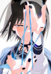 Rule 34 | 1girl, absurdres, black choker, black hair, black nails, black sailor collar, blue archive, blue eyes, blush, bm tol, cat&#039;s cradle, choker, closed mouth, dot nose, grey eyes, highres, kikyou (blue archive), long hair, long sleeves, looking at viewer, ribbon choker, sailor collar, shirt, simple background, solo, sweatdrop, upper body, white background