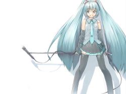 Rule 34 | akinbo (hyouka fuyou), detached sleeves, green hair, hatsune miku, long hair, microphone, microphone stand, miniskirt, necktie, skirt, smile, solo, thighhighs, twintails, very long hair, vocaloid