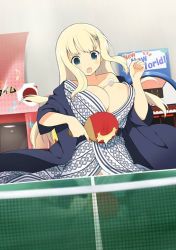 Rule 34 | 10s, 1girl, ball, blonde hair, breasts, cleavage, green eyes, hair ornament, hairclip, hanten (clothes), japanese clothes, kimono, large breasts, official art, open mouth, paddle, racket, senran kagura, solo, table, table tennis, table tennis paddle, tennis ball, tennis racket, yaegashi nan, yomi (senran kagura), yukata