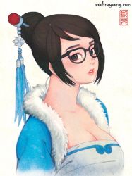 Rule 34 | 1girl, adapted costume, beads, black-framed eyewear, breasts, cleavage, coat, dress, fur coat, fur collar, fur trim, glasses, hair bun, hair ornament, hair stick, large breasts, lips, long sleeves, looking at viewer, mei (overwatch), nayoung wooh, overwatch, overwatch 1, parted lips, pink lips, sidelocks, single hair bun, sleeveless, sleeveless dress, snake hair ornament, solo, tassel, traditional clothes, upper body, watermark, web address