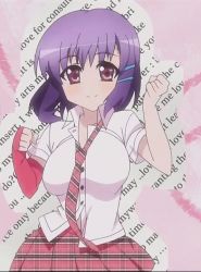 Rule 34 | 1girl, animated, animated gif, blinking, bouncing breasts, breasts, english text, fingerless gloves, gloves, large breasts, mm!, necktie, non-web source, plaid, punching, purple eyes, purple hair, screencap, short hair, single glove, skirt, smile, solo, yuuno arashiko