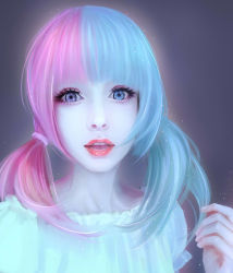 Rule 34 | 1girl, anzujaamu, blouse, blue eyes, blue hair, blunt bangs, colored skin, eyelashes, glowing, hair tie, heterochromia, highres, koarai, lips, lipstick, low twintails, makeup, matching hair/eyes, multicolored hair, nose, original, photo-referenced, pink hair, pink lips, portrait, puffy short sleeves, puffy sleeves, purple eyes, real life, shirt, short sleeves, simple background, smile, solo, sparkle, split-color hair, teeth, tongue, twintails, two-tone hair, upper body, white shirt, white skin