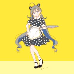 Rule 34 | 1girl, ahoge, alternate costume, animal ears, apron, black dress, blue hair, colis, dress, full body, grey eyes, grey hair, hair between eyes, hand on own hip, high heels, kantai collection, kiyoshimo (kancolle), long hair, looking at viewer, low twintails, mary janes, mouse ears, multicolored hair, parody, polka dot, polka dot dress, shoes, socks, solo, tray, twintails, twitter username, very long hair, waist apron, waitress, white apron, white socks, yellow background