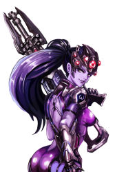 Rule 34 | 1girl, arm at side, ashsaiki, ass, back tattoo, bad id, bad pixiv id, bodysuit, breasts, colored skin, cowboy shot, earrings, emblem, from behind, gloves, gun, head-mounted display, holding, holding gun, holding weapon, jewelry, long hair, looking at viewer, looking back, medium breasts, overwatch, overwatch 1, patch, pink bodysuit, ponytail, purple hair, purple skin, rifle, short sleeves, simple background, smile, solo, spider tattoo, stud earrings, tattoo, visor, weapon, white background, widowmaker (overwatch), yellow eyes