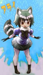 Rule 34 | 10s, 1girl, :d, animal ears, black bow, black bowtie, black footwear, black hair, black skirt, boots, bow, bowtie, breasts, brown eyes, common raccoon (kemono friends), eyebrows, fur collar, gloves, grey hair, hair between eyes, highres, hiro1984, kemono friends, medium breasts, miniskirt, multicolored hair, no nose, open mouth, pantyhose, pleated skirt, puffy short sleeves, puffy sleeves, purple shirt, raccoon ears, raccoon tail, shirt, short hair, short sleeves, skirt, smile, solo, tail, tongue, tsurime, white hair, white pantyhose