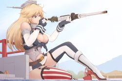 Rule 34 | 1girl, asymmetrical legwear, belt, belt buckle, bird, blonde hair, blue eyes, blue thighhighs, box, breasts, buckle, cleaning gun, closed mouth, day, dock, elbow gloves, giant, giantess, gloves, hat, highres, iowa (kancolle), jeep, kantai collection, large breasts, long hair, md5 mismatch, midriff, mismatched legwear, motor vehicle, one eye closed, outdoors, raps (yohomeboyraps), red thighhighs, rudder footwear, seagull, sitting, skirt, solo, striped clothes, striped skirt, striped thighhighs, thighhighs, tree, vertical-striped clothes, vertical-striped thighhighs