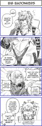Rule 34 | 1boy, 1girl, 4koma, animal ears, arknights, breast conscious, comic, doctor (arknights), eating, english text, female doctor (arknights), food, fork, gloves, hair between eyes, highres, jacket, jitome, knife, leopard boy, leopard ears, long hair, long sleeves, meat, monochrome, necktie, open mouth, pointing, sarasenia92, scar, scar on chest, silverash (arknights), sitting, vertical comic