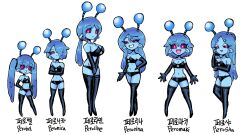 Rule 34 | 6+girls, :3, :d, alien, antennae, bare shoulders, black sclera, black tube top, blue hair, blue skin, boots, breasts, cleavage, closed mouth, colored sclera, colored skin, commentary, commentary request, crossed arms, english commentary, fang, floppy ears, hand on own hip, height chart, height difference, highres, korean commentary, long hair, medium breasts, medium hair, mixed-language commentary, mole, mole under eye, multiple girls, navel, oligogi meoggosipda, open mouth, original, perobel, peroline, peromaki, peronica, perorina, perosha, pink eyes, pink pupils, side ponytail, simple background, small breasts, smile, star (symbol), stomach, strapless, teeth, thigh boots, tube top, twintails, very long hair, white background