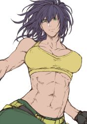 Rule 34 | 1girl, abs, biceps, blue hair, breasts, camouflage, camouflage pants, cargo pants, crop top, gloves, green eyes, leona heidern, long hair, looking at viewer, muscular, muscular female, pants, ponytail, soldier, solo, tank top, the king of fighters, the king of fighters xv, yasunososaku, yellow tank top