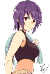 Rule 34 | 1girl, bare shoulders, breasts, looking at viewer, original, purple hair, red eyes, saemon (tonpura), short hair, signature, sleeveless, smile, solo, sweat, tank top, towel, towel around neck, upper body, white background