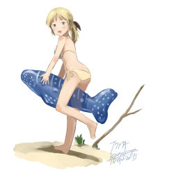 Rule 34 | 1girl, bikini, blonde hair, blue eyes, highres, inflatable toy, kanokoga, katharine ohare, long hair, solo, strike witches, strike witches: suomus misfits squadron, swimsuit, whale, world witches series, yellow bikini