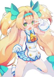 Rule 34 | 1girl, blazblue, blonde hair, blue skirt, blush, bow, gloves, green bow, green eyes, green hairband, hair between eyes, hair bow, hairband, heart, heart-shaped pupils, highres, kneeling, long hair, looking at viewer, low-tied long hair, no panties, open mouth, platinum the trinity, pleated skirt, pussy juice, quad tails, simple background, skirt, smile, solo, symbol-shaped pupils, teranekosu, v, very long hair, w over eye, white gloves