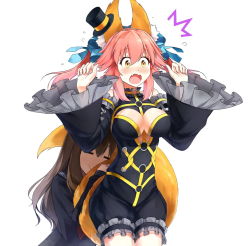 Rule 34 | 10s, 2girls, = =, ^^^, animal ears, arctic, arms up, bad id, bad pixiv id, blush, bow, breasts, cleavage, cleavage cutout, clothing cutout, detached sleeves, fang, fate/extra, fate/extra ccc, fate (series), fox ears, fox tail, hair bow, hat, highres, hugging another&#039;s tail, hugging tail, kishinami hakuno (female), large breasts, multiple girls, official alternate costume, pink hair, school uniform, serafuku, simple background, surprised, tail, tamamo (fate), tamamo no mae (fate/extra), tamamo no mae (sable mage) (fate), top hat, white background, wide sleeves, yellow eyes, yuri