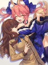 Rule 34 | 2girls, :3, :d, animal ear fluff, animal ears, bare shoulders, blue kimono, blue legwear, blue ribbon, blush, breasts, brown eyes, brown hair, cheek-to-breast, detached sleeves, closed eyes, eyes visible through hair, fate/extra, fate (series), fox ears, fox girl, fox tail, hair ribbon, highres, japanese clothes, karokuchitose, kimono, kishinami hakuno (female), large breasts, multiple girls, open mouth, parted lips, pink hair, ribbon, school uniform, smile, sweat, tail, tamamo (fate), tamamo no mae (fate/extra), tsukumihara academy uniform (fate/extra), yellow eyes