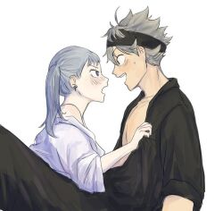 Rule 34 | 1boy, 1girl, asta (black clover), black clover, blush, half-dress, looking at another, noelle silva, open mouth