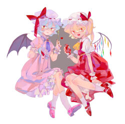 Rule 34 | 2girls, ascot, black wings, blonde hair, blue hair, blush, bow, brooch, closed mouth, commentary, cup, demon wings, dress, fang, flandre scarlet, full body, hair between eyes, hat, hat bow, heart, holding, holding spoon, jewelry, kanon (rsl), long bangs, looking at viewer, medium hair, mob cap, multiple girls, one side up, open mouth, pinafore dress, pink dress, pink footwear, pink headwear, puffy short sleeves, puffy sleeves, purple ascot, red bow, red dress, red footwear, remilia scarlet, shirt, shoes, short hair, short sleeves, siblings, simple background, sisters, sleeveless, sleeveless dress, slit pupils, smile, socks, spilling, spoon, tea, teacup, touhou, white background, white headwear, white shirt, white socks, wings, wrist cuffs, yellow eyes