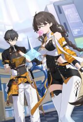 Rule 34 | 1boy, 1girl, absurdres, ahoge, black gloves, black shorts, braid, breasts, brown eyes, brown hair, chenmu sora, chewing gum, chinese commentary, closed mouth, day, detached sleeves, earrings, entropy (honkai impact 3rd), female dreamseeker (honkai impact), gloves, hair between eyes, hand on own chin, highres, holding, honkai (series), honkai impact 3rd, jewelry, long hair, looking at object, looking at viewer, male dreamseeker (honkai impact), medium breasts, multicolored hair, outdoors, pants, screen, second-party source, short hair, shorts, standing, streaked hair, thighhighs, white pants, white thighhighs, yellow sleeves