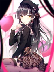 Rule 34 | 1girl, black hair, black hat, black shirt, bow, brown skirt, chobo ume, closed mouth, earrings, finger to mouth, floating hair, from side, hair bow, hat, hat bow, heart, heart earrings, highres, idolmaster, idolmaster shiny colors, jewelry, long hair, long sleeves, looking at viewer, mayuzumi fuyuko, miniskirt, pink bow, polka dot, polka dot legwear, print skirt, purple thighhighs, shirt, sitting, skirt, smile, solo, thighhighs, very long hair, white bow, yellow eyes, zettai ryouiki