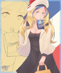 Rule 34 | 10s, 1girl, adapted costume, bag, beret, black dress, blazer, blonde hair, blue eyes, blue hair, breasts, cleavage, commandant teste (kancolle), dress, hat, highres, jacket, juice box, kantai collection, long hair, looking at viewer, mouth hold, multicolored hair, paayan (hagakinorock54), red hair, signature, solo, streaked hair, white hair, zoom layer