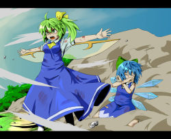 Rule 34 | 2girls, angry, blood, blue hair, bow, cirno, daiyousei, dress, dust, embodiment of scarlet devil, fang, fubuki (artist), fubuki (ringdeng), green eyes, green hair, highres, injury, kneeling, letterboxed, multiple girls, outstretched arms, protecting, spread arms, torn clothes, touhou, wince, wind, wings
