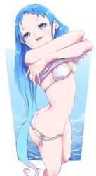 Rule 34 | 1girl, bikini, blue eyes, blue hair, breasts, feet out of frame, gradient hair, highres, kantai collection, long hair, multicolored hair, n-mori, samidare (kancolle), shirt, side-tie bikini bottom, small breasts, solo, standing, swept bangs, swimsuit, undressing, very long hair, white bikini, white shirt
