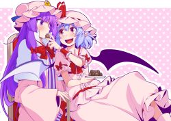 Rule 34 | 2girls, bat wings, blue hair, bow, capelet, chair, chocolate, commentary request, crescent, crescent hair ornament, eichi yuu, feeding, frilled shirt collar, frills, hair bow, hair ornament, hat, heart, heart background, long hair, mob cap, multiple girls, open mouth, pajamas, patchouli knowledge, pink shirt, pink skirt, puffy short sleeves, puffy sleeves, purple eyes, purple hair, red eyes, remilia scarlet, shirt, short hair, short sleeves, sitting, sitting on lap, sitting on person, skirt, striped, touhou, wide sleeves, wings