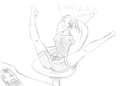 Rule 34 | 1girl, amputee, artist request, breasts, closed eyes, female focus, highres, keyboard, monochrome, open mouth, shorts, sitting, solo, spread legs, white background