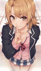 Rule 34 | 1girl, arm behind back, black jacket, black sleeves, blonde hair, breasts, cardigan, cleavage, closed mouth, collarbone, collared shirt, cowboy shot, finger to mouth, from above, haoni, highres, isshiki iroha, jacket, long sleeves, looking at viewer, multicolored clothes, multicolored skirt, pink cardigan, pink skirt, pleated skirt, red ribbon, ribbon, school uniform, shirt, short hair, shushing, skirt, small breasts, smile, sobu high school uniform, solo, standing, striped clothes, striped skirt, yahari ore no seishun lovecome wa machigatteiru., yellow eyes
