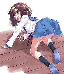 Rule 34 | 1girl, all fours, ass, bad id, bad twitter id, black socks, blouse, blue skirt, brown eyes, brown hair, clenched hand, commentary, from behind, frown, full body, hairband, highres, kita high school uniform, long sleeves, looking at viewer, looking back, neck ribbon, open mouth, orange hairband, pleated skirt, red ribbon, ribbon, school uniform, serafuku, shirt, shoes, short hair, skirt, socks, solo, suzumiya haruhi, suzumiya haruhi no yuuutsu, take shinobu, uwabaki, white footwear, white shirt, wooden floor