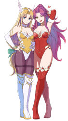 Rule 34 | 2girls, ;d, adapted costume, angela (seiken densetsu 3), arm behind head, bare shoulders, blonde hair, blue eyes, blue nails, boots, breasts, bridal gauntlets, cleavage, closed mouth, commentary request, full body, hand on another&#039;s hip, hand on another&#039;s shoulder, hand on own hip, highres, long hair, looking at viewer, medium breasts, mizuno (pixiv31352320), multiple girls, nail polish, one eye closed, open mouth, pantyhose, purple hair, race queen, red legwear, red nails, riesz, seiken densetsu, seiken densetsu 3, simple background, smile, standing, thigh boots, thighhighs, thighs, white background, yellow eyes