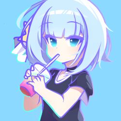 Rule 34 | 1girl, black shirt, blue background, blue eyes, blue hair, cross (vgne4542), cup, drinking, drinking straw, hair ornament, highres, holding, holding cup, jelly hoshiumi, phase connect, shirt, short hair, short sleeves, simple background, solo, upper body, virtual youtuber
