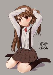 Rule 34 | 1girl, artist name, brown eyes, brown hair, brown skirt, dated, dress shirt, grey background, highres, holding, holding own hair, kantai collection, long hair, looking at viewer, magatama, one-hour drawing challenge, owa (ishtail), pleated skirt, ryuujou (kancolle), shirt, sitting, skirt, solo, suspenders, twintails, wariza